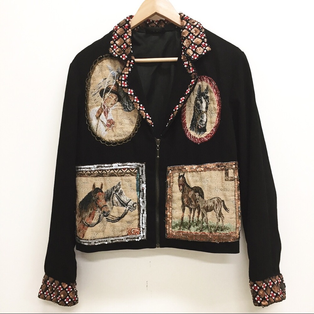 Vintage sequin cowgirl cowboy boot tapestry jacket